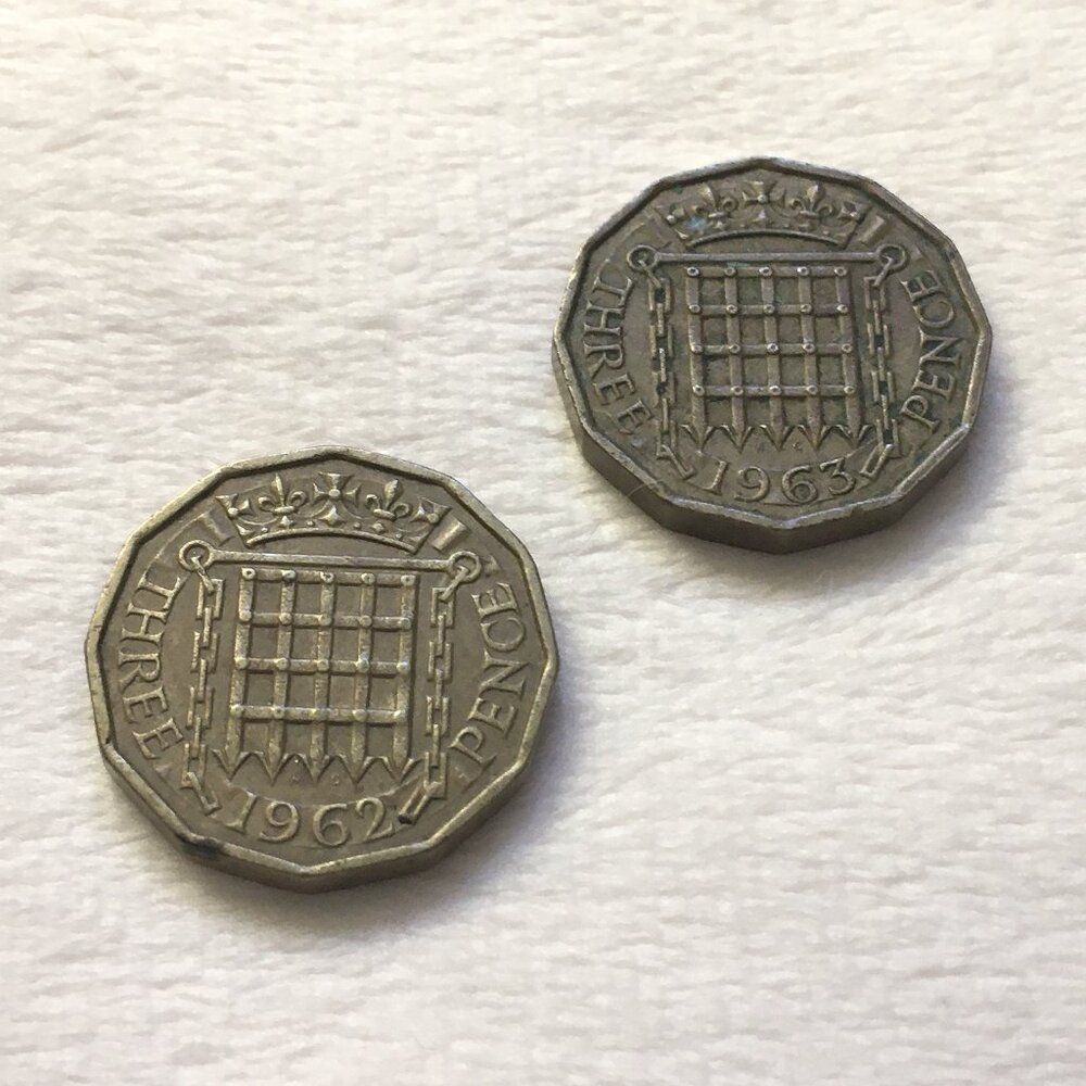 Set of 2 Vintage UK 3 Pence Coins - 1962 & 1963 Great Britain Threepence Lot